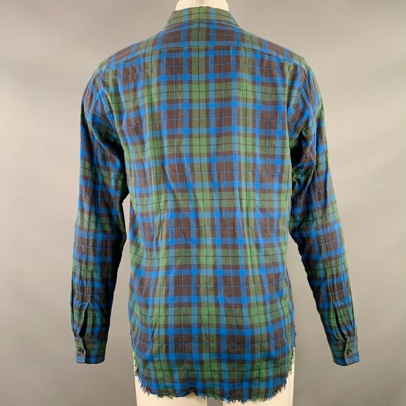 VINCE Size S Green Blue Plaid Cotton Blend Raw Edge Long Sleeve Shirt - Picture 3 of 7